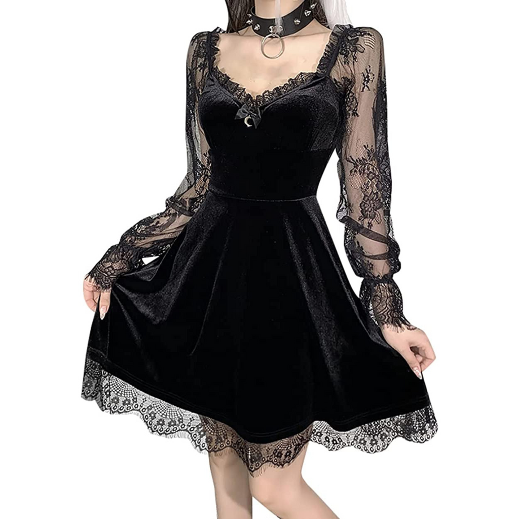 Gorgeous Black Velvet & Lace Gothic Dress