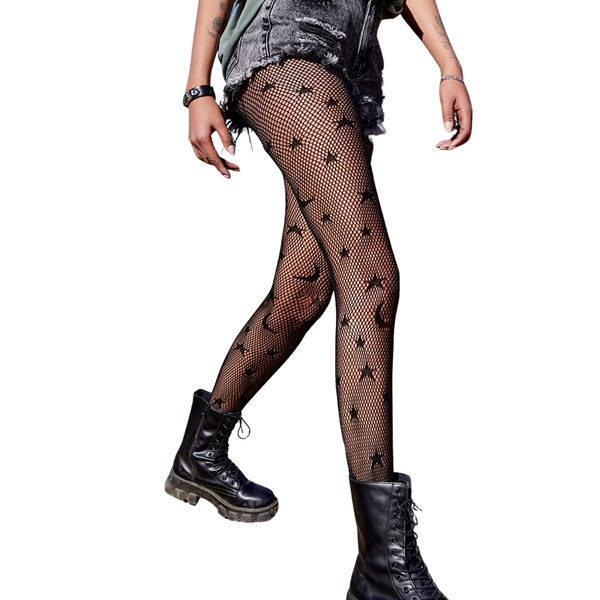 Black Moon & Star Patterned High Waist Fishnet Stockings