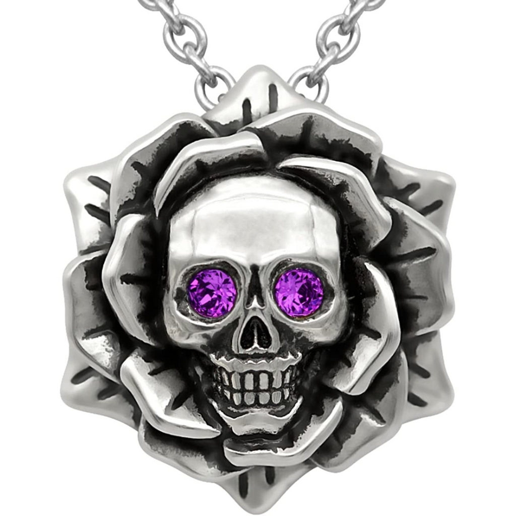 Gothic Skull Rose Necklace Purple Crystal Eyes