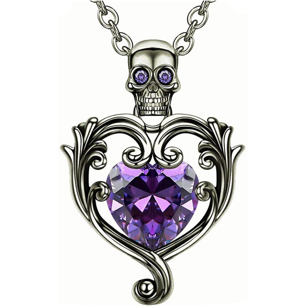 Gothic Skull Necklace With Purple Crystal Heart