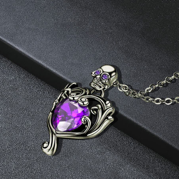 Gothic Skull Necklace With Purple Crystal Heart