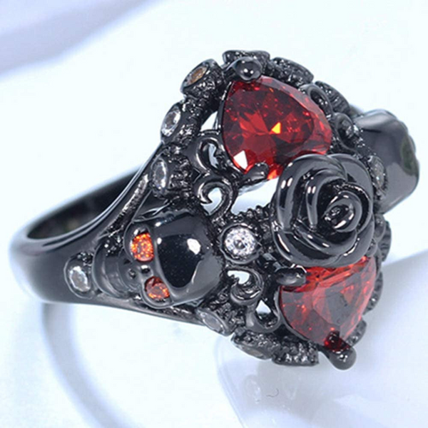 Black Gothic Skull Rose Ring