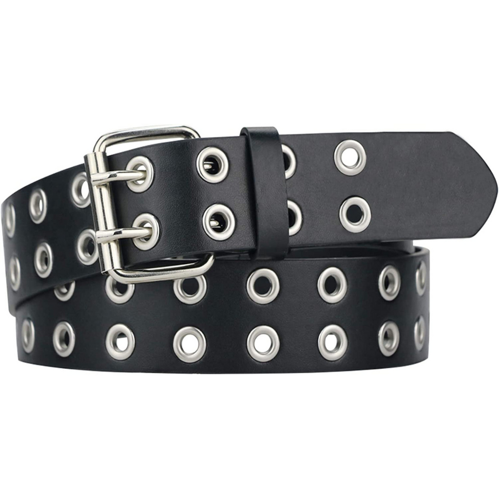 Black Leather Double Studded Holes Belt