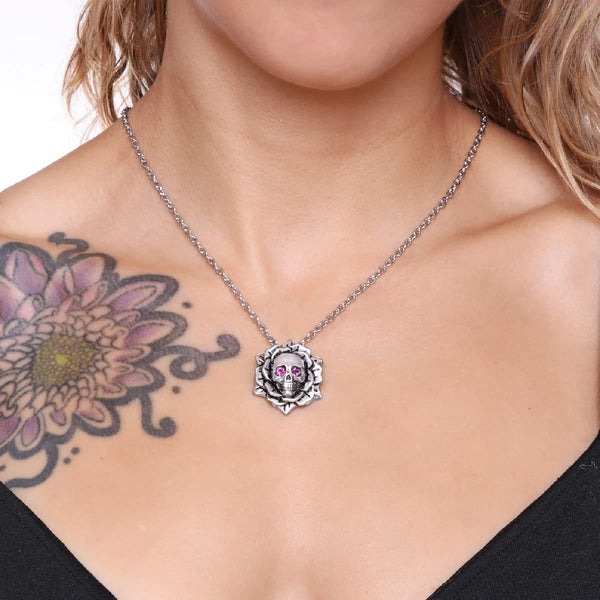 Gothic Skull Rose Necklace Purple Crystal Eyes